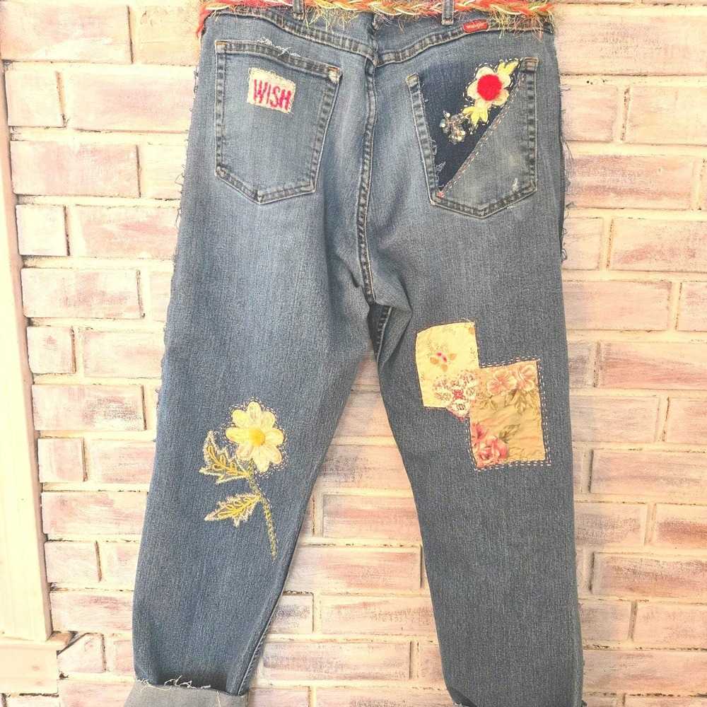 Upcycled One of a kind Distressed Patched Vintage lace Boyfriend Jeans Size 32 - Picture 6 of 10